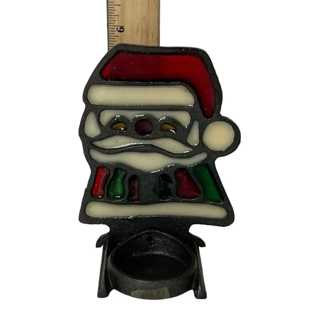 Vintage Santa Stained Glass Style Tea Light Candle Holder Cast Iron Tanco Taiwan